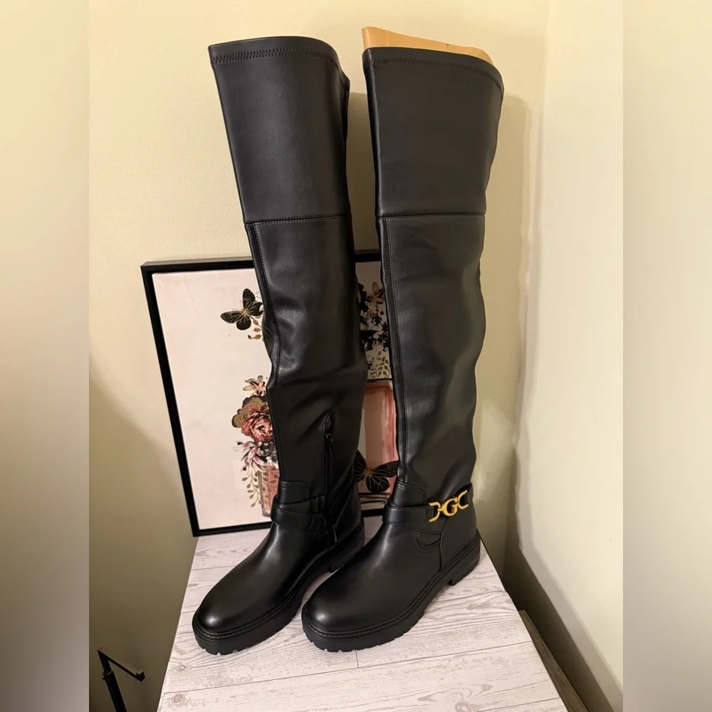 Guess Jellio Black Over-the-Knee Boots with Gold Accent